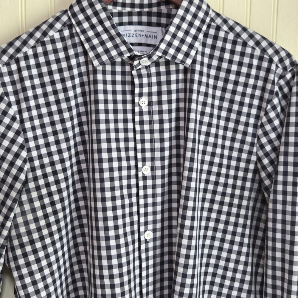 Mizzen+Main Dress Shirt Mens Large Black Gingham Trim Fit Non Iron Stretch
